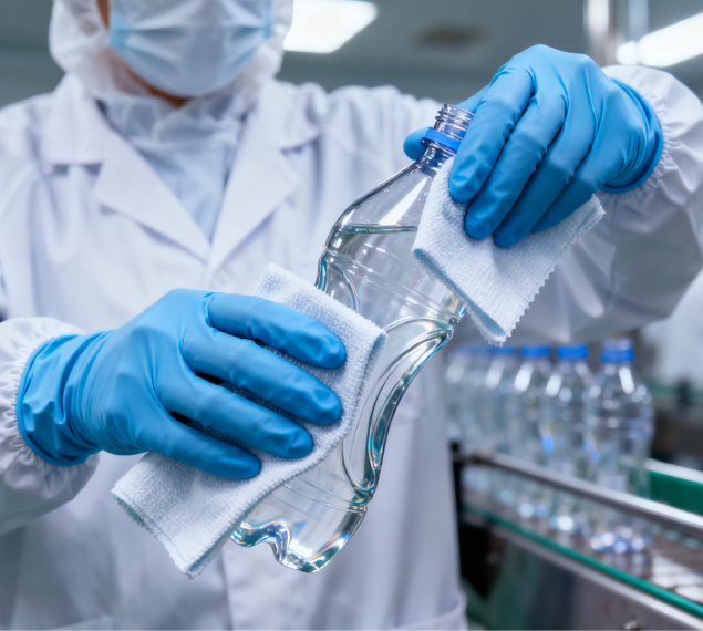 Cleaning bottle surface before applying label